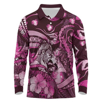 Personalised Maori Romantic Valentine Long Sleeve Polo Shirt The Hongi Kiss Pink Galaxy DT05 Pink - Polynesian Pride