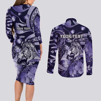 Personalised Maori Romantic Valentine Couples Matching Long Sleeve Bodycon Dress and Long Sleeve Button Shirt The Hongi Kiss Purple Galaxy DT05 - Polynesian Pride