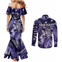 Personalised Maori Romantic Valentine Couples Matching Mermaid Dress and Long Sleeve Button Shirt The Hongi Kiss Purple Galaxy DT05 - Polynesian Pride