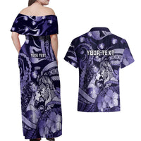 Personalised Maori Romantic Valentine Couples Matching Off Shoulder Maxi Dress and Hawaiian Shirt The Hongi Kiss Purple Galaxy DT05 - Polynesian Pride