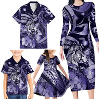 Personalised Maori Romantic Valentine Family Matching Long Sleeve Bodycon Dress and Hawaiian Shirt The Hongi Kiss Purple Galaxy DT05 - Polynesian Pride