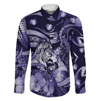 Personalised Maori Romantic Valentine Family Matching Long Sleeve Bodycon Dress and Hawaiian Shirt The Hongi Kiss Purple Galaxy DT05 Dad's Shirt - Long Sleeve Purple - Polynesian Pride