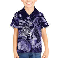 Personalised Maori Romantic Valentine Family Matching Off The Shoulder Long Sleeve Dress and Hawaiian Shirt The Hongi Kiss Purple Galaxy DT05 Son's Shirt Purple - Polynesian Pride