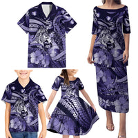 Personalised Maori Romantic Valentine Family Matching Puletasi and Hawaiian Shirt The Hongi Kiss Purple Galaxy DT05 - Polynesian Pride