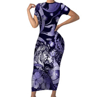 Personalised Maori Romantic Valentine Short Sleeve Bodycon Dress The Hongi Kiss Purple Galaxy DT05 Long Dress Purple - Polynesian Pride