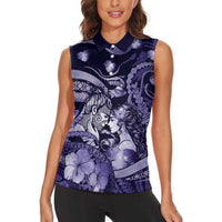 Personalised Maori Romantic Valentine Women Sleeveless Polo Shirt The Hongi Kiss Purple Galaxy DT05 - Polynesian Pride