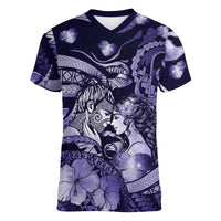 Personalised Maori Romantic Valentine Women V-Neck T-Shirt The Hongi Kiss Purple Galaxy DT05 Female Purple - Polynesian Pride