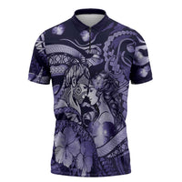 Personalised Maori Romantic Valentine Zipper Polo Shirt The Hongi Kiss Purple Galaxy DT05 Purple - Polynesian Pride