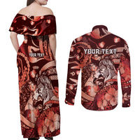 Personalised Maori Romantic Valentine Couples Matching Off Shoulder Maxi Dress and Long Sleeve Button Shirt The Hongi Kiss Red Galaxy DT05 - Polynesian Pride