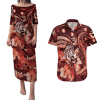 Personalised Maori Romantic Valentine Couples Matching Puletasi and Hawaiian Shirt The Hongi Kiss Red Galaxy DT05 Red - Polynesian Pride