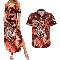 Personalised Maori Romantic Valentine Couples Matching Summer Maxi Dress and Hawaiian Shirt The Hongi Kiss Red Galaxy DT05 Red - Polynesian Pride