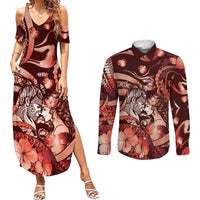 Personalised Maori Romantic Valentine Couples Matching Summer Maxi Dress and Long Sleeve Button Shirt The Hongi Kiss Red Galaxy DT05 Red - Polynesian Pride