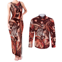 Personalised Maori Romantic Valentine Couples Matching Tank Maxi Dress and Long Sleeve Button Shirt The Hongi Kiss Red Galaxy DT05 Red - Polynesian Pride