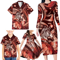 Personalised Maori Romantic Valentine Family Matching Long Sleeve Bodycon Dress and Hawaiian Shirt The Hongi Kiss Red Galaxy DT05 - Polynesian Pride