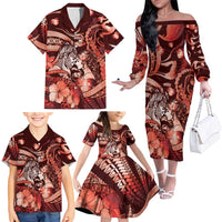 Personalised Maori Romantic Valentine Family Matching Off The Shoulder Long Sleeve Dress and Hawaiian Shirt The Hongi Kiss Red Galaxy DT05 - Polynesian Pride