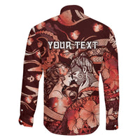 Personalised Maori Romantic Valentine Family Matching Off The Shoulder Long Sleeve Dress and Hawaiian Shirt The Hongi Kiss Red Galaxy DT05 - Polynesian Pride
