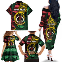 Personalised Vanuatu Independence Day Family Matching Off The Shoulder Long Sleeve Dress and Hawaiian Shirt Boar Tusk Warrior Tribal Floral Patterns