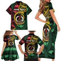 Personalised Vanuatu Independence Day Family Matching Short Sleeve Bodycon Dress and Hawaiian Shirt Boar Tusk Warrior Tribal Floral Patterns
