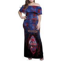 Personalised Guam Family Matching Off Shoulder Maxi Dress and Hawaiian Shirt Chamorro Seal Tribal Scratch Design DT05 Mom's Dress Navy - Polynesian Pride