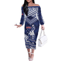 Personalised Samoa Rugby Family Matching Off The Shoulder Long Sleeve Dress and Hawaiian Shirt Pacific Warrior Glory DT05 Mom's Dress Navy - Polynesian Pride