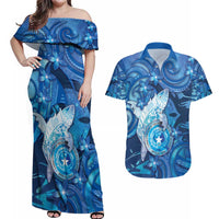 Personalised Northern Mariana Islands Couples Matching Off Shoulder Maxi Dress and Hawaiian Shirt Galaxy Polynesian Shark Tattoo DT05 Blue - Polynesian Pride