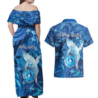 Personalised Northern Mariana Islands Couples Matching Off Shoulder Maxi Dress and Hawaiian Shirt Galaxy Polynesian Shark Tattoo DT05 - Polynesian Pride