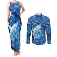 Personalised Northern Mariana Islands Couples Matching Tank Maxi Dress and Long Sleeve Button Shirt Galaxy Polynesian Shark Tattoo DT05 Blue - Polynesian Pride