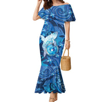Personalised Northern Mariana Islands Family Matching Mermaid Dress and Hawaiian Shirt Galaxy Polynesian Shark Tattoo DT05 Mom's Dress Blue - Polynesian Pride