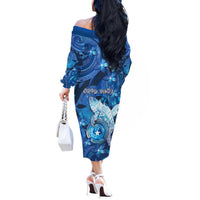 Personalised Northern Mariana Islands Off The Shoulder Long Sleeve Dress Galaxy Polynesian Shark Tattoo - Polynesian Pride