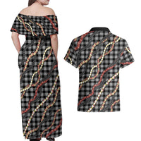 Hawaii Palaka Niihau Shell Lei Couples Matching Off Shoulder Maxi Dress and Hawaiian Shirt Tropical Island Plaid Patterns
