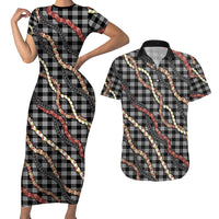 Hawaii Palaka Niihau Shell Lei Couples Matching Short Sleeve Bodycon Dress and Hawaiian Shirt Tropical Island Plaid Patterns DT05 Black - Polynesian Pride