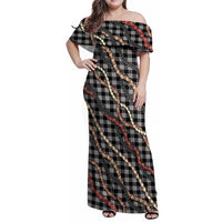 Hawaii Palaka Niihau Shell Lei Family Matching Off Shoulder Maxi Dress and Hawaiian Shirt Tropical Island Plaid Patterns DT05 Mom's Dress Black - Polynesian Pride