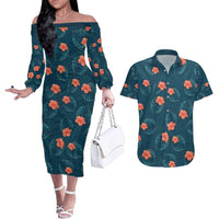 Hawaii Monstera Couples Matching Off The Shoulder Long Sleeve Dress and Hawaiian Shirt Hibiscus Flowers Simple Style DT05 Dark Teal - Polynesian Pride