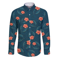 Hawaii Monstera Family Matching Long Sleeve Bodycon Dress and Hawaiian Shirt Hibiscus Flowers Simple Style DT05 Dad's Shirt - Long Sleeve Dark Teal - Polynesian Pride