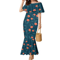 Hawaii Monstera Family Matching Mermaid Dress and Hawaiian Shirt Hibiscus Flowers Simple Style DT05 Mom's Dress Dark Teal - Polynesian Pride