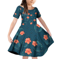 Hawaii Monstera Family Matching Off Shoulder Short Dress and Hawaiian Shirt Hibiscus Flowers Simple Style DT05 Daughter's Dress Dark Teal - Polynesian Pride