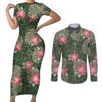 Hawaii Couples Matching Short Sleeve Bodycon Dress and Long Sleeve Button Shirt Green Polynesian Monstera Patterns - Polynesian Pride