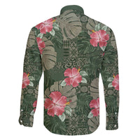 Hawaii Family Matching Off The Shoulder Long Sleeve Dress and Hawaiian Shirt Green Polynesian Monstera Patterns DT05 - Polynesian Pride