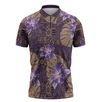 Hawaii Zipper Polo Shirt Purple Polynesian Monstera Patterns - Polynesian Pride