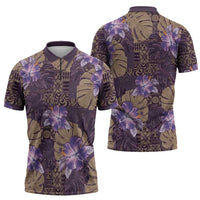Hawaii Zipper Polo Shirt Purple Polynesian Monstera Patterns - Polynesian Pride