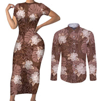 Hawaii Couples Matching Short Sleeve Bodycon Dress and Long Sleeve Button Shirt Brown Polynesian Monstera Patterns - Polynesian Pride