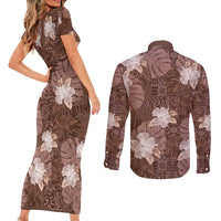 Hawaii Couples Matching Short Sleeve Bodycon Dress and Long Sleeve Button Shirt Brown Polynesian Monstera Patterns - Polynesian Pride