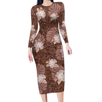 Hawaii Family Matching Long Sleeve Bodycon Dress and Hawaiian Shirt Brown Polynesian Monstera Patterns DT05 Mom's Dress Brown - Polynesian Pride