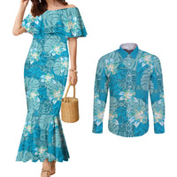 Hawaii Couples Matching Mermaid Dress and Long Sleeve Button Shirt Teal Polynesian Monstera Patterns - Polynesian Pride