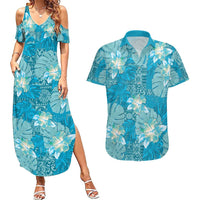 Hawaii Couples Matching Summer Maxi Dress and Hawaiian Shirt Teal Polynesian Monstera Patterns - Polynesian Pride