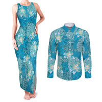 Hawaii Couples Matching Tank Maxi Dress and Long Sleeve Button Shirt Teal Polynesian Monstera Patterns - Polynesian Pride