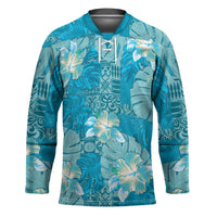 Hawaii Hockey Jersey Teal Polynesian Monstera Patterns - Polynesian Pride