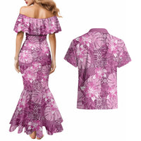 Hawaii Couples Matching Mermaid Dress and Hawaiian Shirt Magenta Polynesian Monstera Patterns - Polynesian Pride