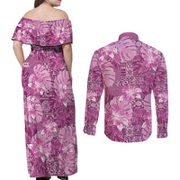 Hawaii Couples Matching Off Shoulder Maxi Dress and Long Sleeve Button Shirt Magenta Polynesian Monstera Patterns - Polynesian Pride