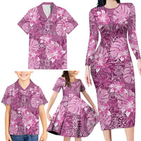 Hawaii Family Matching Long Sleeve Bodycon Dress and Hawaiian Shirt Magenta Polynesian Monstera Patterns DT05 - Polynesian Pride